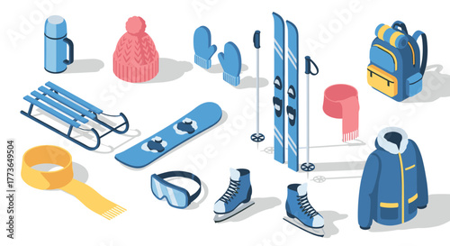 Winter sports equipment set in isometric style featuring skis, snowboard, and accessories