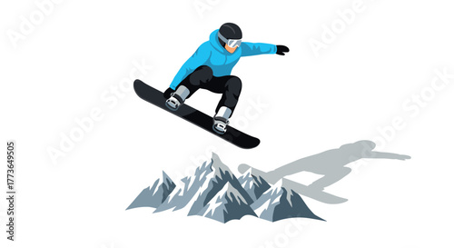 Snowboarder jumping over mountain peaks in winter adventure scene