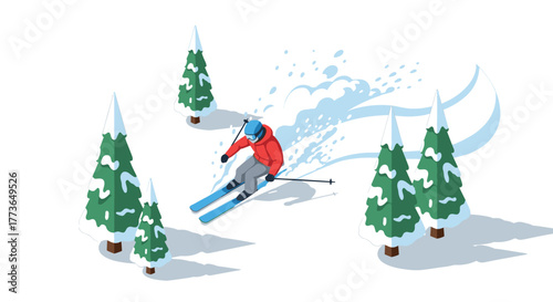 Isometric skiing adventure through snowy pine forest in winter wonderland