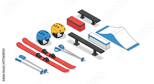Winter sports equipment and terrain elements in isometric style