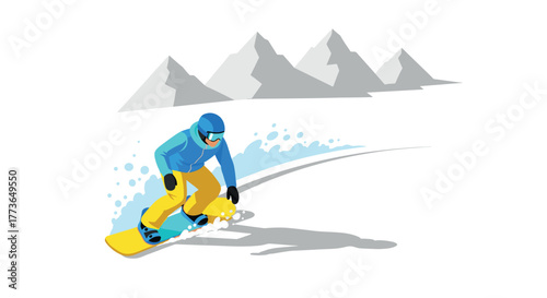 Colorful snowboarding adventure with mountain backdrop