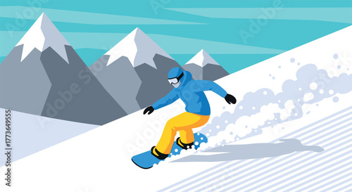 Snowboarder descends snowy mountain slope in vibrant winter scene