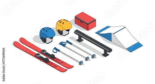 Isometric ski equipment set with helms, poles, skis and terrain features