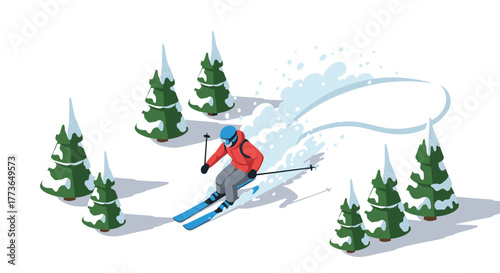 Winter sports adventure isometric skiing among snowy pines