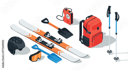 Isometric winter sports gear collection with skis, poles, and safety equipment