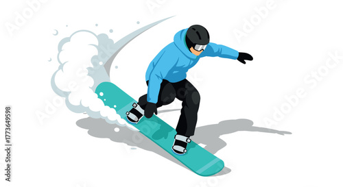 Dynamic snowboarding action with snow spray and blue jacket
