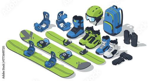 Winter sports equipment set featuring snowboards, boots and accessories in isometric style