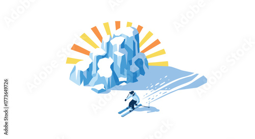 Minimalist skier racing down mountain with vibrant sunburst