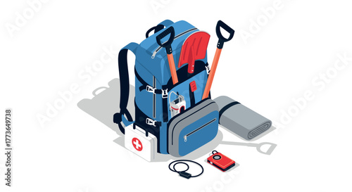 Isometric hiking gear with backpack, shovel, first aid, and camping essentials
