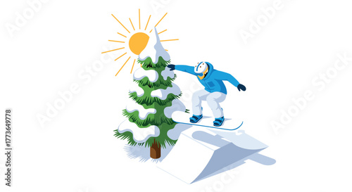 Snowboarder jumping off ramp beside snowy pine under sunny sky