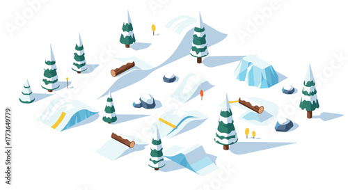 Isometric winter ski slope scene with snowy trees and ramps