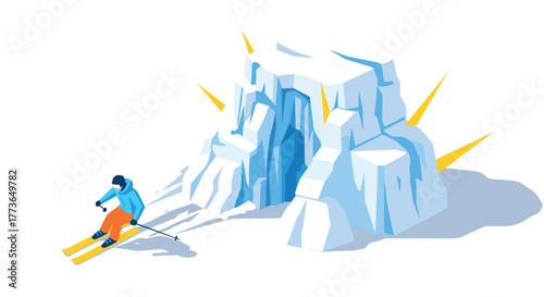 Isometric skier racing past dramatic snowy cave