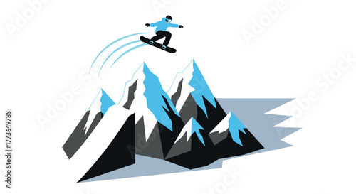 Adventurous snowboarder catches air over majestic mountain peaks in minimalist style