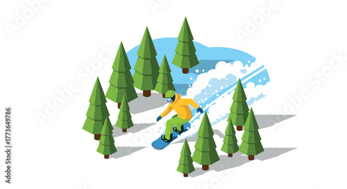Energetic snowboarder navigating forested slope in dynamic isometric style