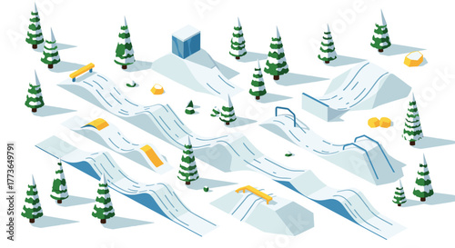 Isometric winter sports park with snowy trees and slopes