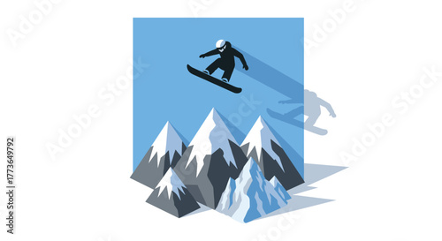 Snowboarder jumping over snowy mountains in geometric flat design with shadow effect