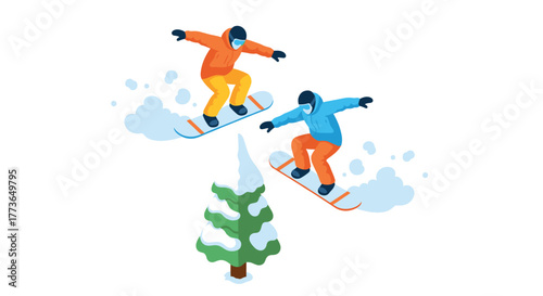 Snowboarders performing tricks in isometric style over snowy tree