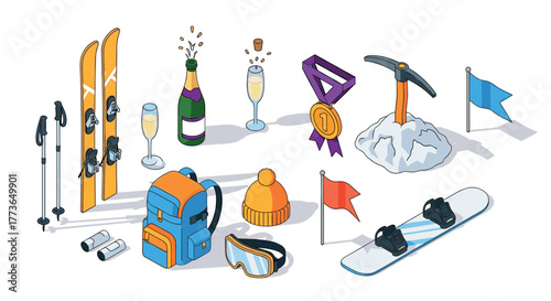 Winter sports equipment isometric set featuring skiing and snowboarding gear