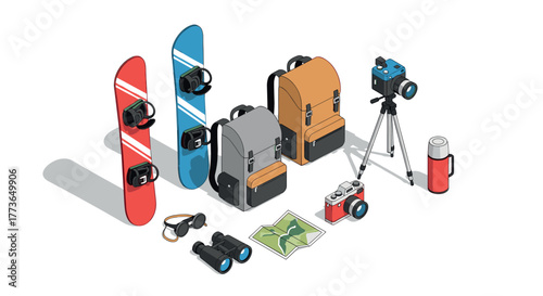 Isometric camping and snowboarding gear with backpacks and cameras