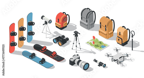 Adventure gear in isometric style backpacks, snowboards, and more