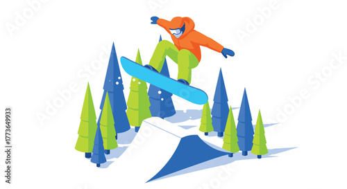 Snowboarder performing jump in vibrant winter landscape with colorful trees