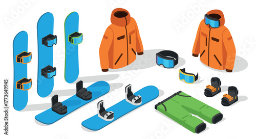 Winter sports gear collection with snowboards, jackets, and accessories in isometric style