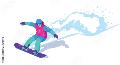 Snowboarder in action on vibrant slopes with colorful gear and dynamic movement