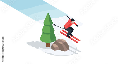 Isometric winter sports scene with skier jumping near tree and rock on snowy hill