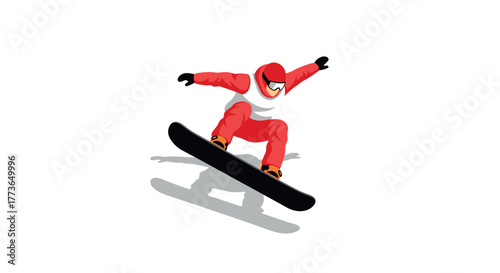 Snowboarder in midair jump with dynamic red outfit on white background