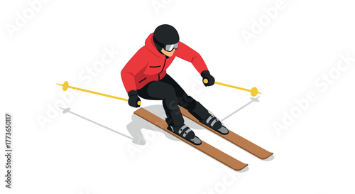 Isometric skier in red jacket gliding downhill with precision and style on snowy slope
