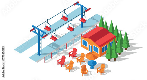 Isometric ski resort scene with chairlift and cozy cabin surrounded by pine trees