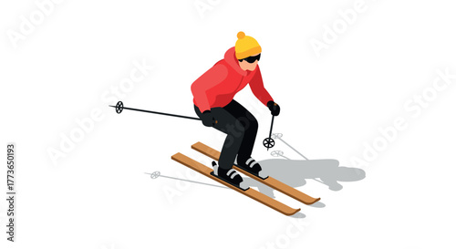 Isometric skier in action brightly dressed figure skiing downhill with poles