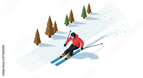 Isometric winter sports skier racing downhill in snowy forest