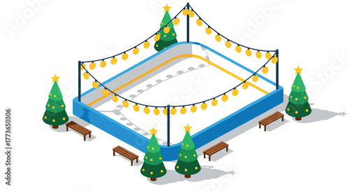 Festive outdoor ice rink with string lights and decorated trees in isometric style