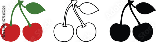 Cherry vector illustration set red outline black fruit icon