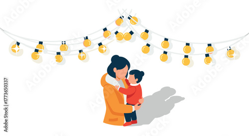 Mother embraces child under festive string lights in minimalist style