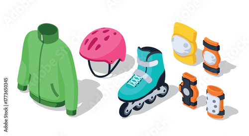 Isometric roller skating gear set jacket, helmet, skates, pads for fitness and recreation