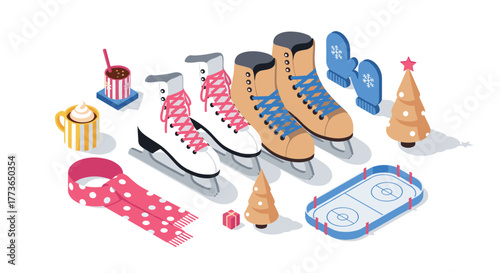 Festive winter isometric ice skating scene with accessories