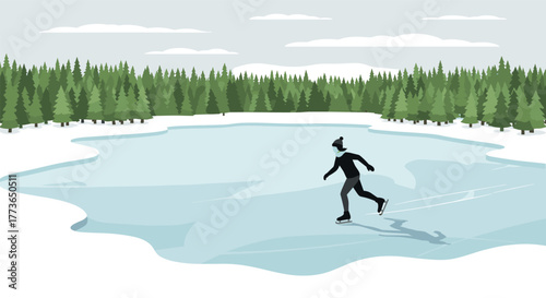 Winter ice skating scene on frozen lake with evergreen forest