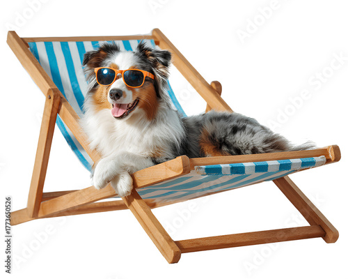 Happy Merle Australian Shepherd Dog Wearing Orange Sunglasses on Blue Striped Deck Chair isolated on a transparent background