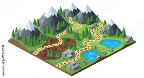 Isometric mountain landscape with hiking trail and lakes in a forest setting