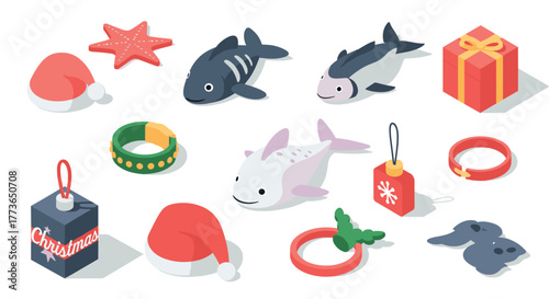 Festive christmas and marine life icons in isometric design