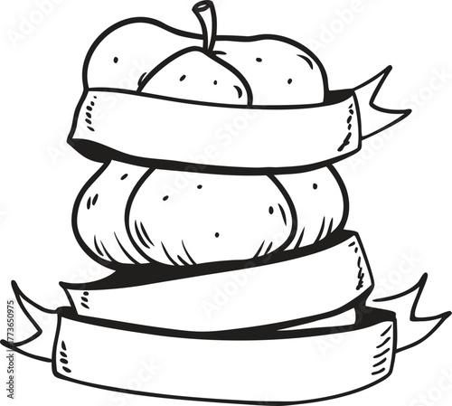 Hand drawn stack of seasonal pumpkins wrapped with an empty decorative ribbon banner ready for text graphic element outline monochrome vector illustration