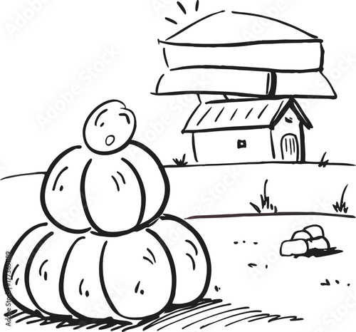 A hand drawn cartoon sketch showing a giant stacked figure sitting next to a tiny rural house that is bearing a massive, seemingly impossible weight on its roof.