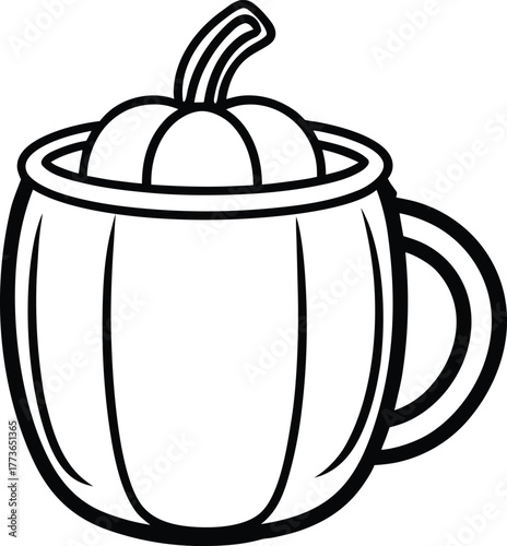 Isolated stylized black and white outline vector illustration of a festive autumn pumpkin mug with handle, perfect for seasonal beverage concepts and fall holidays like halloween and thanksgiving.