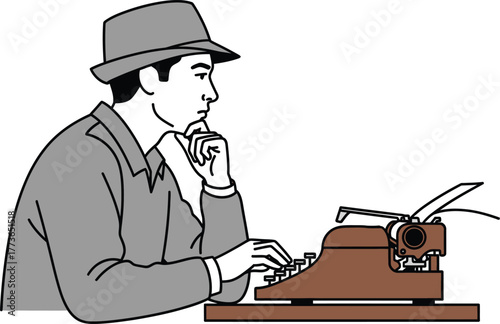 Illustration of a thoughtful writer in a hat typing on a vintage typewriter, perfect for literature, journalism, and creative writing themes