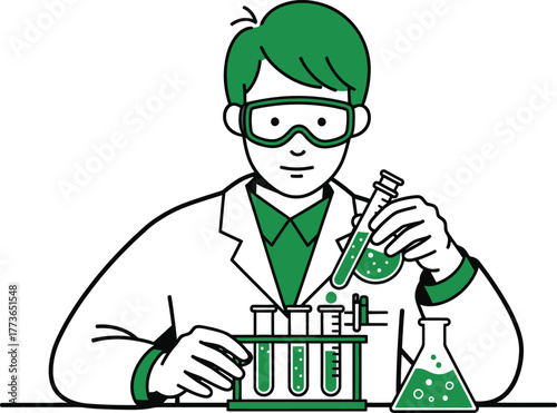Scientist conducting experiment with test tubes and flasks, ideal for science, research, chemistry, and laboratory themes