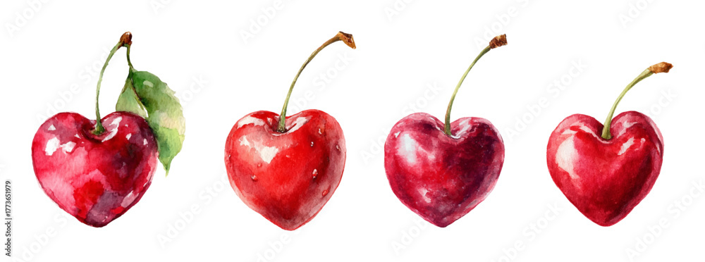 Fototapeta premium Watercolor set of heart cherries. Red juicy cherries in the shape of a heart with leaves and a stalk. Romantic berries in the shape of a heart. Elements for Valentine's Day, coquettes, etc.