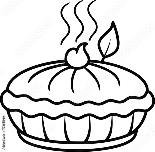 Outline illustration of a freshly baked, steaming whole pie dessert sitting on a serving plate, featuring a crimped crust edge and decorative leaf detail