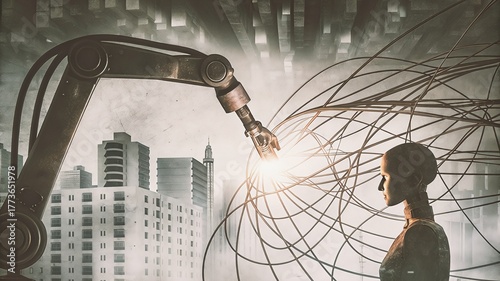 Human and Machine Connection — Futuristic AI and Robotics Concept in a Modern Cityscape